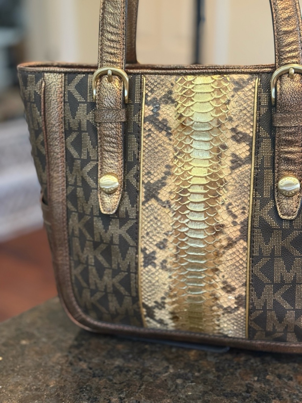 Vintage Michael Kors Brown & Gold Logo Tote with Snake-Print Center - Picture 3 of 13